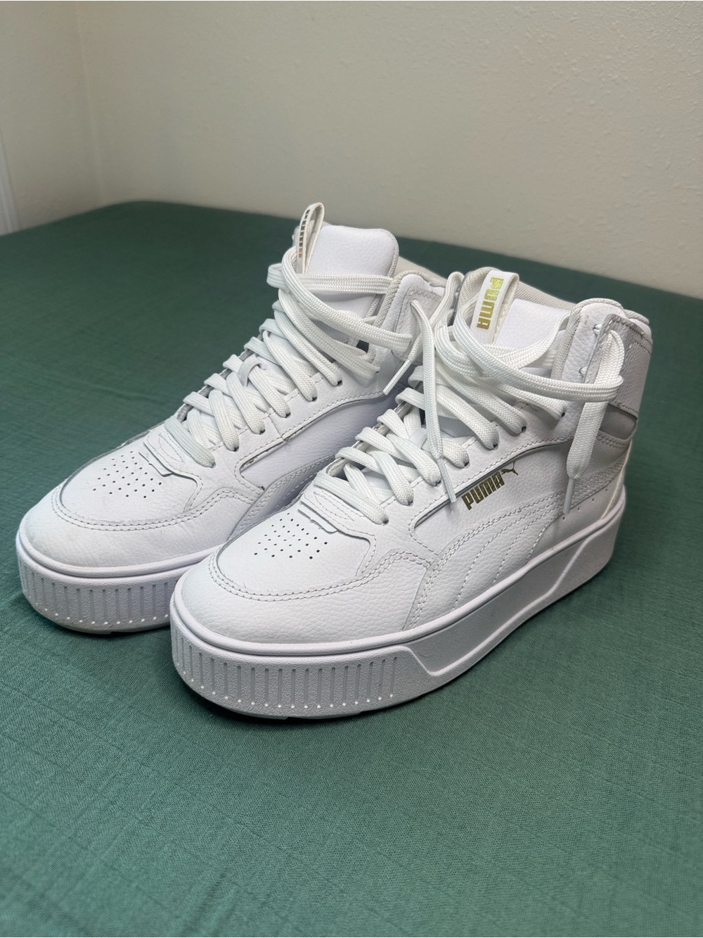 Puma White High-Top Platform Sneakers with Gold Accent - Picture 6 of 11
